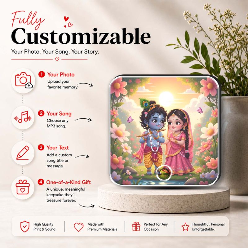 Shri Radha Krishna Musical Fridge Magnet Religious Decoration for Pooja Room, Home Decor Item for Living Room, Office Music Player with Rechargeable Speaker Spiritual Gift for Birthday